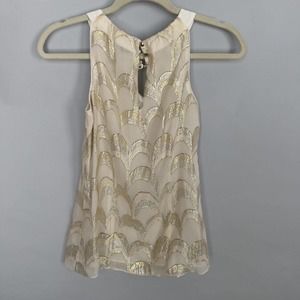 White House Black Market Ivory and Gold SILK Sleeveless Top Size XXS